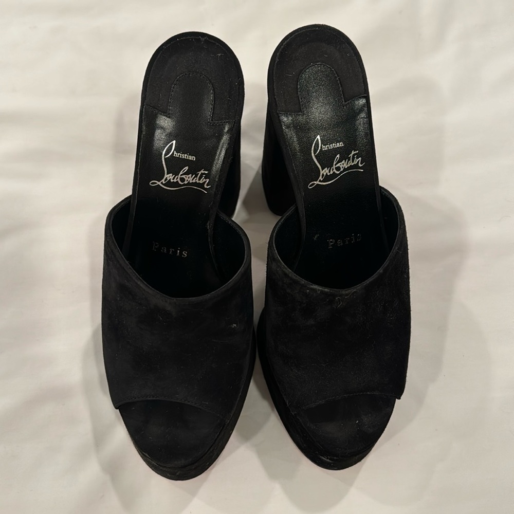 Work twice black suede platform mules sandals.